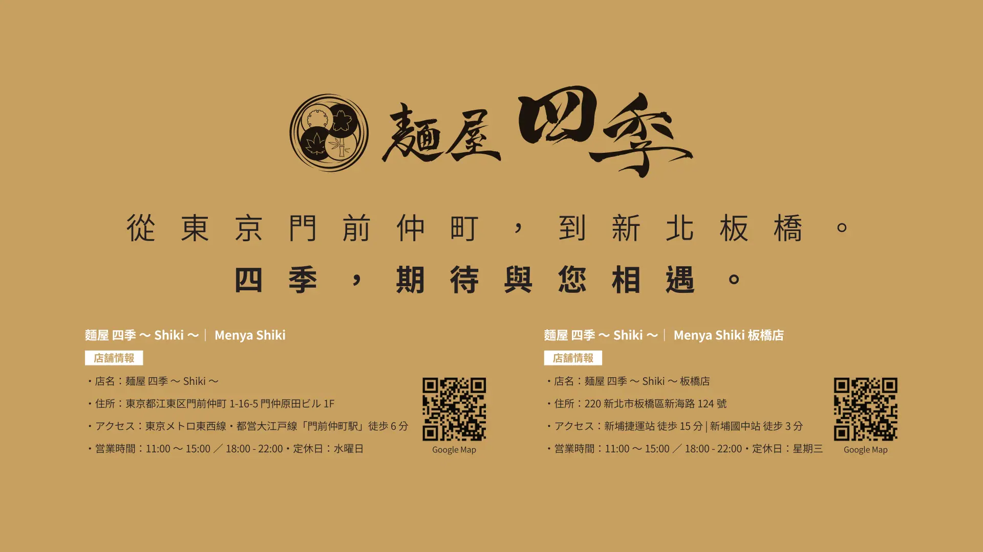 麵屋四季完整品牌介紹第 14 頁：東京門前仲町與新北板橋店資訊；交通路線為新埔捷運站徒步 15 分、新埔國中站徒步 3 分